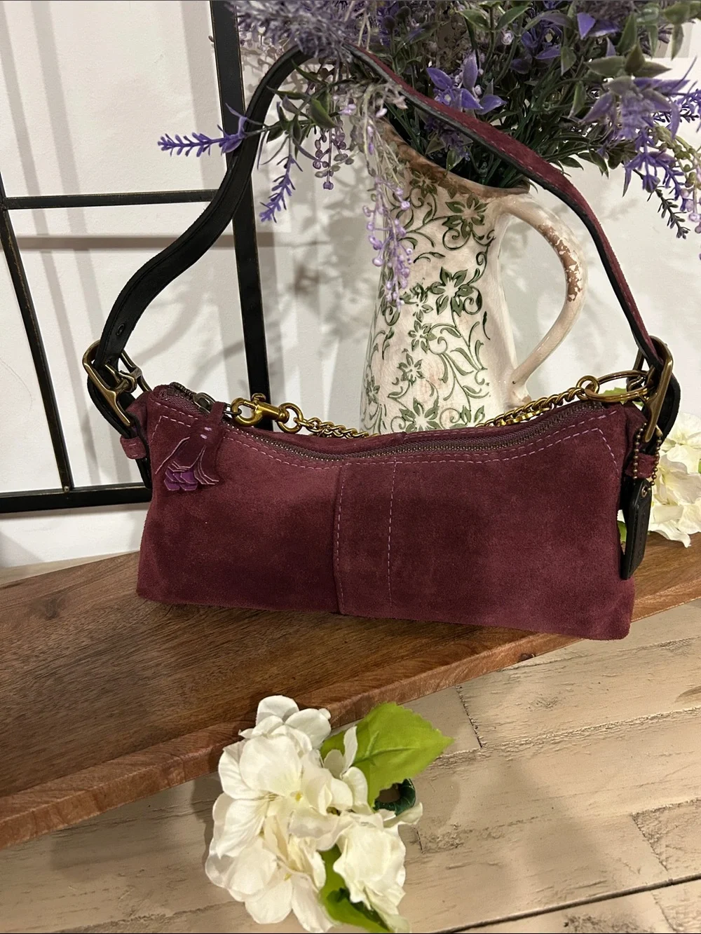 Coach Burgundy Suede Shoulder Bag with Gold Charm Chain